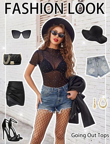 Avidlove Women Mesh Tops Short Sleeve Rhinestone Shirts Sheer Blouse Sexy Going Out Tops Sparkly Party Tops Summer in Saudi Arabia