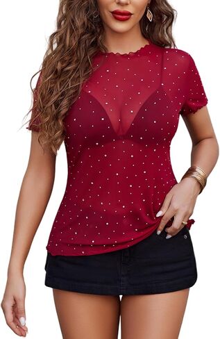 Avidlove Women Mesh Tops Short Sleeve Rhinestone Shirts Sheer Blouse Sexy Going Out Tops Sparkly Party Tops Summer in Saudi Arabia