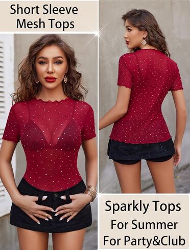Avidlove Women Mesh Tops Short Sleeve Rhinestone Shirts Sheer Blouse Sexy Going Out Tops Sparkly Party Tops Summer in Saudi Arabia
