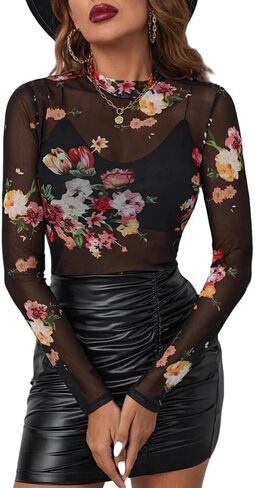Womens Lace Top Long Sleeve Mesh Tops for Women Mock Neck Floral Sheer See Through Shirts for Party Club Casual in Kuwait