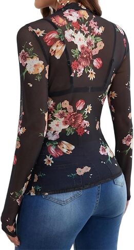 Womens Lace Top Long Sleeve Mesh Tops for Women Mock Neck Floral Sheer See Through Shirts for Party Club Casual in Kuwait