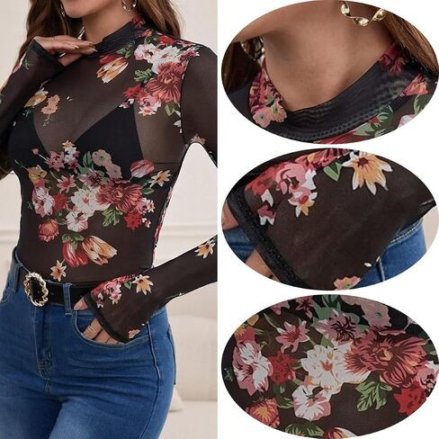 Womens Lace Top Long Sleeve Mesh Tops for Women Mock Neck Floral Sheer See Through Shirts for Party Club Casual in Kuwait