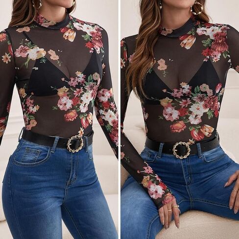 Womens Lace Top Long Sleeve Mesh Tops for Women Mock Neck Floral Sheer See Through Shirts for Party Club Casual in Kuwait