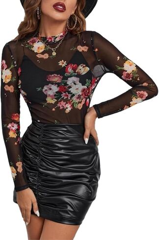 Womens Lace Top Long Sleeve Mesh Tops for Women Mock Neck Floral Sheer See Through Shirts for Party Club Casual in Kuwait