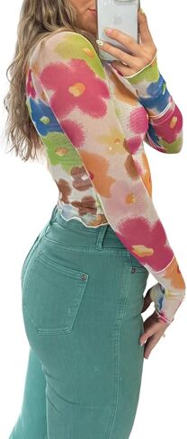 Womens Lace Top Long Sleeve Mesh Tops for Women Mock Neck Floral Sheer See Through Shirts for Party Club Casual in Kuwait
