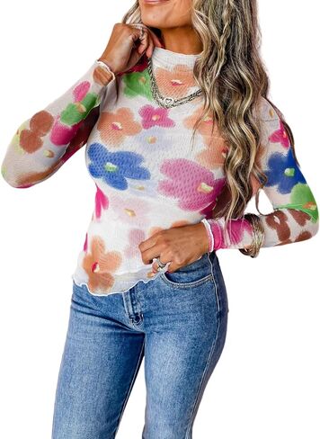 Womens Lace Top Long Sleeve Mesh Tops for Women Mock Neck Floral Sheer See Through Shirts for Party Club Casual in Kuwait