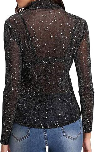 Womens Lace Top Long Sleeve Mesh Tops for Women Mock Neck Floral Sheer See Through Shirts for Party Club Casual in Kuwait