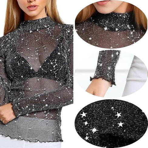 Womens Lace Top Long Sleeve Mesh Tops for Women Mock Neck Floral Sheer See Through Shirts for Party Club Casual in Kuwait
