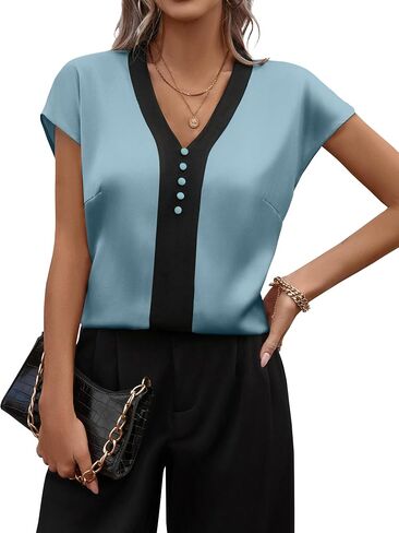 Fayenne Womens Tops Dressy Casual V Neck Color Block Short Sleeve Blouse Business Casual Tops Satin Silk Work Summer Shirt in Saudi Arabia