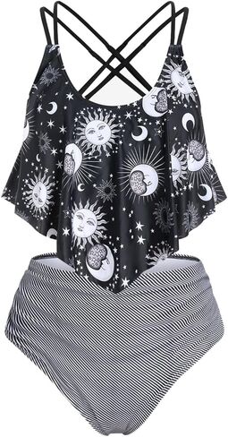 Rosegal Women Plus Size Gothic Tankini Swimsuit Celestial Sun Moon Print Crisscross Flounce Two Piece Bathing Suit in Saudi Arabia