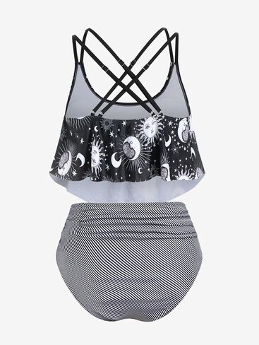 Rosegal Women Plus Size Gothic Tankini Swimsuit Celestial Sun Moon Print Crisscross Flounce Two Piece Bathing Suit in Saudi Arabia