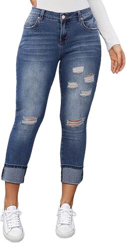 Flamingals Women's Curvy Capri Jeans Skinny Stretchy Butt Lifting Jeans Ripped Denim Jeans in Saudi Arabia