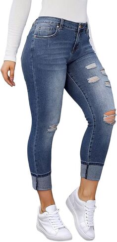 Flamingals Women's Curvy Capri Jeans Skinny Stretchy Butt Lifting Jeans Ripped Denim Jeans in Saudi Arabia