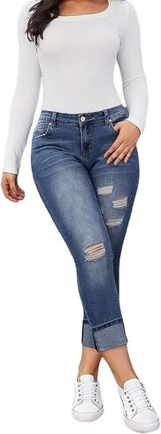 Flamingals Women's Curvy Capri Jeans Skinny Stretchy Butt Lifting Jeans Ripped Denim Jeans in Saudi Arabia
