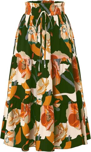 Women's Floral Tiered Midi Skirt Elastic Waist Dressy Casual A-line Summer Boho Skirts in Saudi Arabia