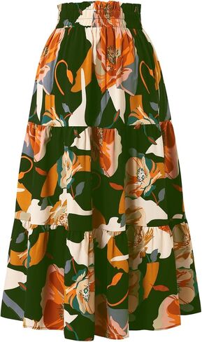 Women's Floral Tiered Midi Skirt Elastic Waist Dressy Casual A-line Summer Boho Skirts in Saudi Arabia