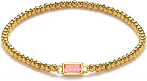 Gold Birthstone Bracelet for Women Trendy Non Tarnish Dainty 18K Gold Plated Stretch Beaded Bracelet Cubic Zirconia Bracelets Birthday Christmas Valentine's Day Gifts Birthstone Jewelry for Women in Saudi Arabia