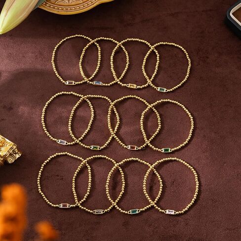 Gold Birthstone Bracelet for Women Trendy Non Tarnish Dainty 18K Gold Plated Stretch Beaded Bracelet Cubic Zirconia Bracelets Birthday Christmas Valentine's Day Gifts Birthstone Jewelry for Women in Saudi Arabia