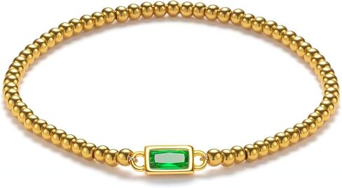 Gold Birthstone Bracelet for Women Trendy Non Tarnish Dainty 18K Gold Plated Stretch Beaded Bracelet Cubic Zirconia Bracelets Birthday Christmas Valentine's Day Gifts Birthstone Jewelry for Women in Saudi Arabia