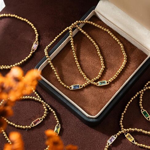 Gold Birthstone Bracelet for Women Trendy Non Tarnish Dainty 18K Gold Plated Stretch Beaded Bracelet Cubic Zirconia Bracelets Birthday Christmas Valentine's Day Gifts Birthstone Jewelry for Women in Saudi Arabia