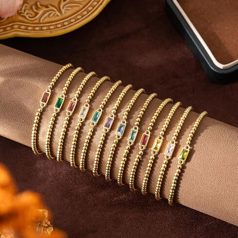 Gold Birthstone Bracelet for Women Trendy Non Tarnish Dainty 18K Gold Plated Stretch Beaded Bracelet Cubic Zirconia Bracelets Birthday Christmas Valentine's Day Gifts Birthstone Jewelry for Women in Saudi Arabia