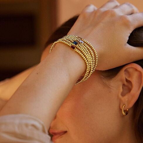 Gold Birthstone Bracelet for Women Trendy Non Tarnish Dainty 18K Gold Plated Stretch Beaded Bracelet Cubic Zirconia Bracelets Birthday Christmas Valentine's Day Gifts Birthstone Jewelry for Women in Saudi Arabia