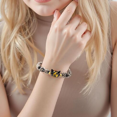 Firefly Glass Beads Bracelet, Cute Money Attract Cat Bracelets, Cats Lover Gifts Spiritual Protection Gifts for Women, Teen, Mom, Daughter, Sister, Best Friends with Gift Cards in Kuwait