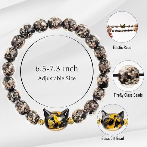 Firefly Glass Beads Bracelet, Cute Money Attract Cat Bracelets, Cats Lover Gifts Spiritual Protection Gifts for Women, Teen, Mom, Daughter, Sister, Best Friends with Gift Cards in Kuwait