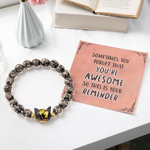 Firefly Glass Beads Bracelet, Cute Money Attract Cat Bracelets, Cats Lover Gifts Spiritual Protection Gifts for Women, Teen, Mom, Daughter, Sister, Best Friends with Gift Cards in Kuwait