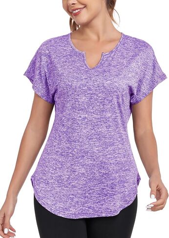 Women's Short Sleeve Workout Shirts V Neck Exercise Yoga Basic Top Quick Dry Side Split in Saudi Arabia