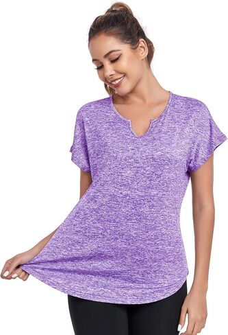 Women's Short Sleeve Workout Shirts V Neck Exercise Yoga Basic Top Quick Dry Side Split in Saudi Arabia