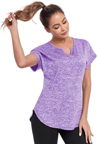 Women's Short Sleeve Workout Shirts V Neck Exercise Yoga Basic Top Quick Dry Side Split in Saudi Arabia