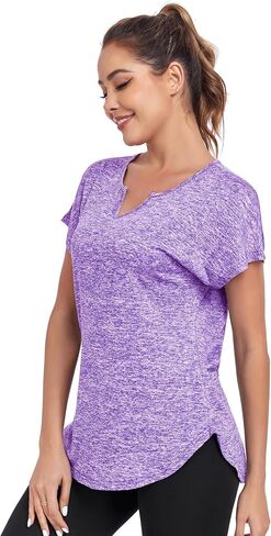 Women's Short Sleeve Workout Shirts V Neck Exercise Yoga Basic Top Quick Dry Side Split in Saudi Arabia