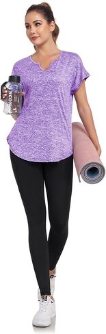 Women's Short Sleeve Workout Shirts V Neck Exercise Yoga Basic Top Quick Dry Side Split in Saudi Arabia