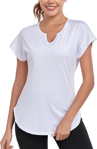 Women's Short Sleeve Workout Shirts V Neck Exercise Yoga Basic Top Quick Dry Side Split in Saudi Arabia