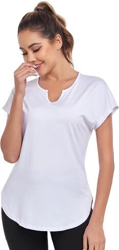 Women's Short Sleeve Workout Shirts V Neck Exercise Yoga Basic Top Quick Dry Side Split in Saudi Arabia
