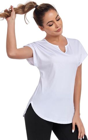 Women's Short Sleeve Workout Shirts V Neck Exercise Yoga Basic Top Quick Dry Side Split in Saudi Arabia