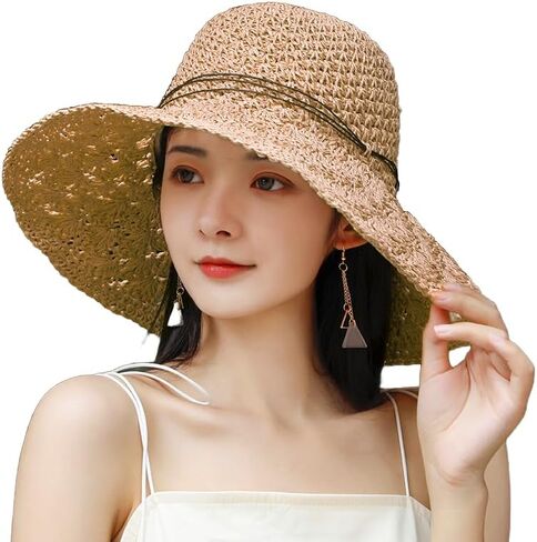 Women Crochet Straw Sun Hat Wide Brim Sun Protection Travel Beach Cap UPF50+ Packable Floppy Bucket Hat in Saudi Arabia