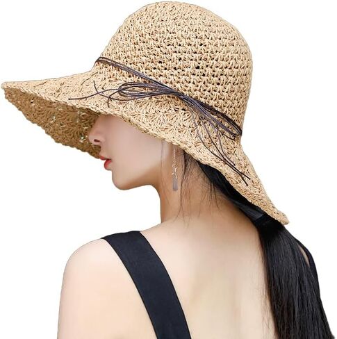 Women Crochet Straw Sun Hat Wide Brim Sun Protection Travel Beach Cap UPF50+ Packable Floppy Bucket Hat in Saudi Arabia