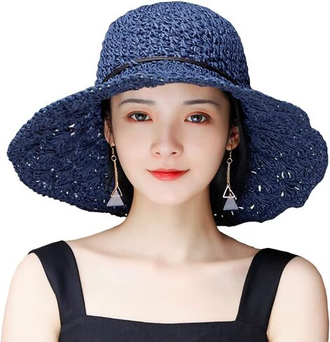 Women Crochet Straw Sun Hat Wide Brim Sun Protection Travel Beach Cap UPF50+ Packable Floppy Bucket Hat in Saudi Arabia
