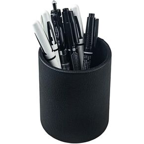 Pen Pencil Holder Cup Container PU Leather Desk Organizer Stand Decor Brush Scissor Holder Decoration Office Desk Home School (3.3" x 3.3" x 4", Black)