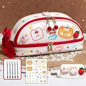 Double Layer Stationery Organizer Box Cute Bear Big Size Pencil Case with Compartment Office Supply Organizer Stationery Box Best Birthday Present (Brown Bear)