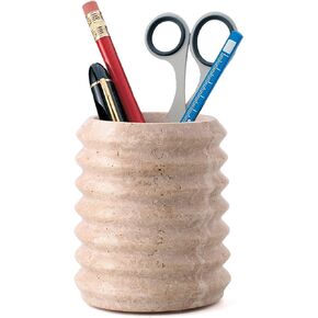 WORHE Pen Holder Stand for Desk, Natural Travertine Stone Makeup Brush Holders, Modern and Functional Pencil Cup for Office Supplies Tableware Organizer for Home Decor School Beige (PH90110)