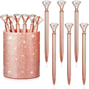 Pen Holder with 6 Pcs Bling Diamond Pens, Pencil Cups for Desk Glitter Bling Desk Organizer Makeup Brush Holder for Women Girls Classroom Offices Home (Silver)