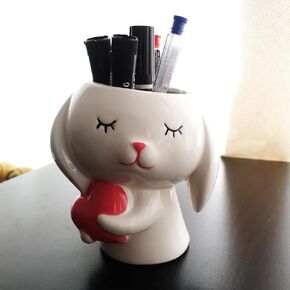 WONIU Ceramic Pencil Holder, Animal Bunny Cute Pen Pencil Cup, Rabbit Pencil Pen Container for Home Office Desk, White