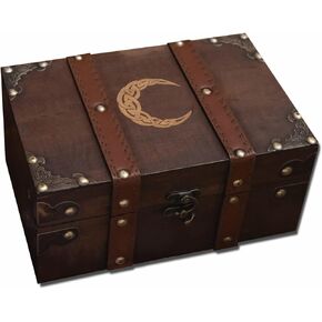 vuagmiv 8.3" Wood and Leather Celtic Moon Chest Box, Crescent Wooden Box with Velvet Lining, Vintage Tarot Box