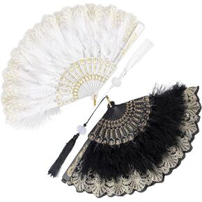 Framendino, 2 Pack Feather Fan Embroidered Flower Marabou Feather Fan with Tassel Pendant 1920s Fan Folding Hand Fan Drag Queen Fan for 20s Women Costume Party Dancing Photoshoot Wedding Decor