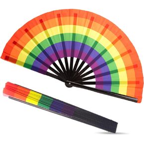 JOHOUSE Large Folding Fan, 25" Fabric Handheld Fan Rainbow Bamboo Fan for Women Wedding Gift Party Favors Music Festival