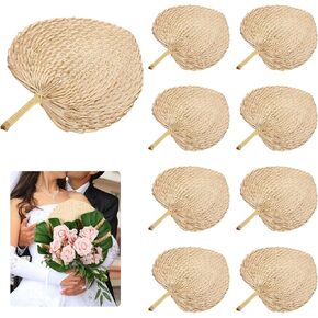 Blulu 10 Pack Large Bamboo Hand Fan Natural Raffia Hand Fans Handmade Wedding Fans for Guests Handheld Weaving Fan for Cooling Supplies Summer Farmhouse Wall Decor Wedding Party Favors