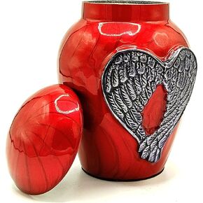 Red Cremation Urns for Ashes Adult Male/Female -Beautiful Unique 3D Style Decorative Urns W/Velvet Bag -5" Aluminium Small Cremation Urn for Funeral for Pet or Human Ashes Small urn (Angel Wings)